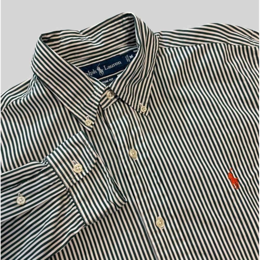 Vintage Ralph Lauren Custom Fit Green White Stripe Men's Medium Button Down